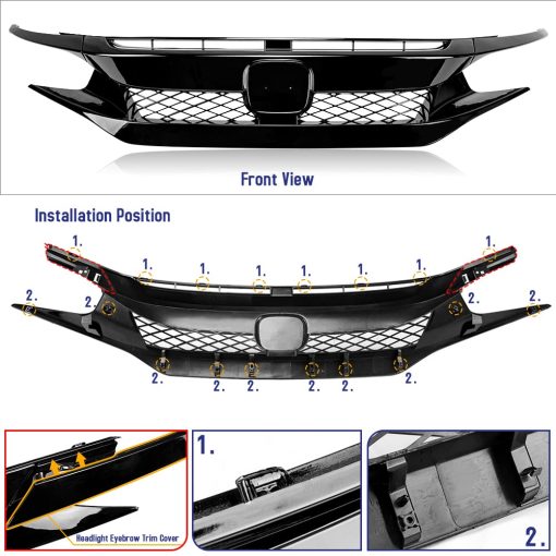 Parrilla Delantera Shopauto Compatible con Honda Civic (10th) Sedan y Coupe 2016-2018, Pintada en Negro Brillante - Imagen 3