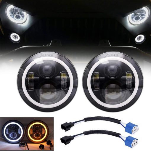 Par de Faros Redondos LED de Proyeccion de 7" con Anillo de Halo Blanco DRL Luz de Giro ambar con Kit de Lampara de Haz Alto y Bajo para Jeep Wrangler Jk TJ LJ Rubicon Sahara Willys Hummer H1 H2