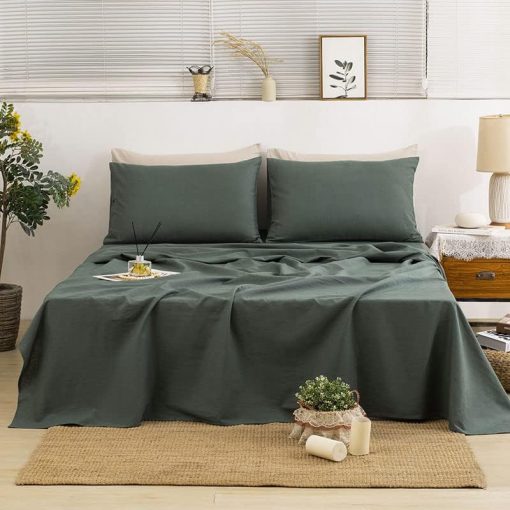 Juego de sabanas de lino TUMEI 100% Queen - 4 piezas Juego de sabanas de lino verde Queen con sabana bajera ajustable de bolsillo profundo, suave y transpirable y funda de almohada, Verde Queen - Imagen 2
