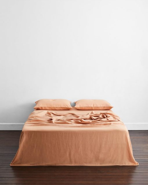 Sabana Plana de Lino - 100% Lino de Francia - 170 GSM - Lujo y Respetuoso con el Medio Ambiente - Transpirable, Duradero y Ultra Suave - Sabana Plana Individual - Lavable a Maquina - Tamano Completo/Queen - Terracota