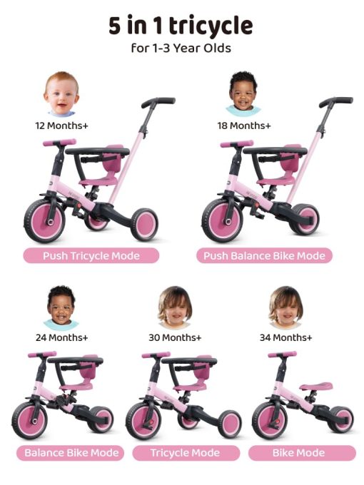 Triciclo para niños de 1 a 3 años, Bicicleta para niños, 5 en 1 Triciclo con Mango de Empuje, Regalo de Navidad y Cumpleaños y Juguete para Niñas, Convertible a Bicicleta de Equilibrio para Bebes, Rosa, TR008 - Imagen 3