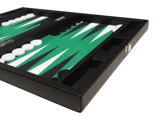 Tablero de backgammon premium de 13 pulgadas - Tamaño de viaje - Tablero negro, superficie de juego verde, puntos negros y blancos - Imagen 5