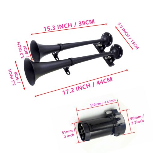 Viping Claxon de Aire Negro 165DB Trompeta de Barco Claxon Electrico 45cm Tono Alto y Bajo Claxon Doble Tubo de Zinc Cromado Compresor Super Fuerte Parlante de Coche Claxon para Barco Coche Yate RV de 12V, etc. - Imagen 5