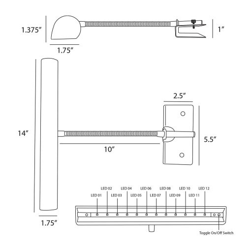 Lampara de Piano Cocoweb 14", LED, Ajustable, Iluminacion de Calidad en Negro con Detalles en Laton, Paquete de Bateria Recargable - GPLEDV-14D-BP4 - Imagen 2