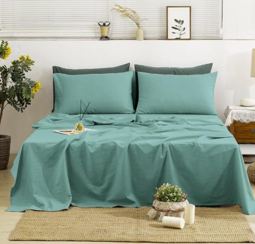 Juego de sabanas de lino TUMEI 100% tamano King - 4 piezas de ropa de cama King Sabanas de lino suaves, transpirables y duraderas Juego de sabanas ajustables y sabana plana y 2 fundas de almohada, tamano King en azul oceano