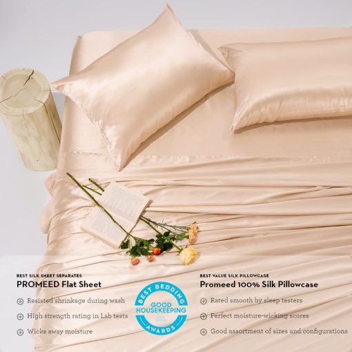 Sabana de Seda Plana Promeed de 22 mm Tamano Completo para Piel Sensible, 100% Seda Natural, Sabana Superior Fresca y Transpirable (Champan, Completo) - Imagen 4