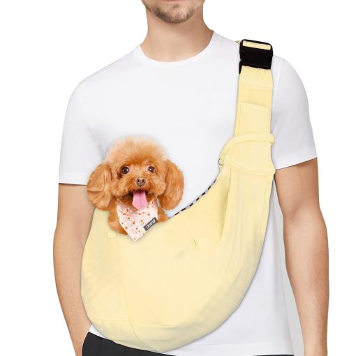 PETLOFT Bolsa reversible para transportar perros y gatos, Bolsa pequena para perros, Bolsa ajustable para perros, Bolsa de bandolera manos libres con gancho para collar para perros/gatos/conejos de hasta 11 libras (Beige)
