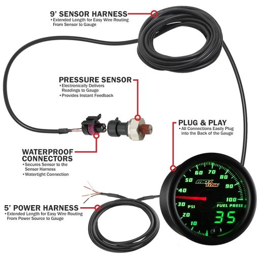 Kit de Medidor de Presion de Combustible MaxTow Double Vision 100 PSI - Incluye Sensor Electronico - Cara Negra - Dial Iluminado en LED Verde - Lecturas Analogicas y Digitales - para Camiones - 2-1/16" 52mm - Imagen 3