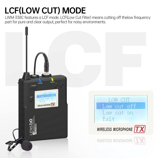 Microfono inalambrico de solapa LENSOGO UHF LWM-338C, microfono de solapa profesional de metal 492FT con monitor en tiempo real para camara videocamara smartphone tableta PC grabacion de video entrevistas - Imagen 6