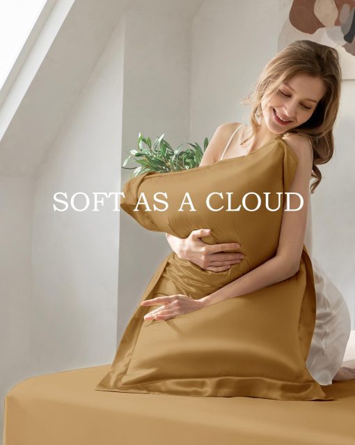 Juego de sabanas de seda 100% morera THXSILK, juego de sabanas de seda 7A+ suave y transpirable, ropa de cama de lujo (1 sabana plana, 1 sabana ajustable, 2 fundas de almohada) King, Oro metalico - Imagen 3