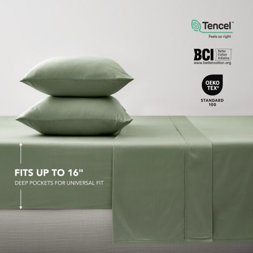 Juego de sabanas de algodon Tencel King Size de 4 piezas EVERGRACE, suaves y frescas, sabanas de lujo de lyocell de eucalipto organico con bolsillo profundo, 1 sabana bajera, 1 sabana plana, 2 fundas de almohada, color verde salvia - Imagen 4