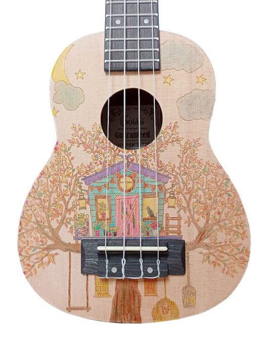 Ukelele de la serie Soldin Artist con tapa de abeto macizo y dorso y laterales de caoba Kit para principiantes con bolso, afinador, cuerdas, correa, puas y pano limpiador (Casa del arbol, 21 pulgadas) - Imagen 4