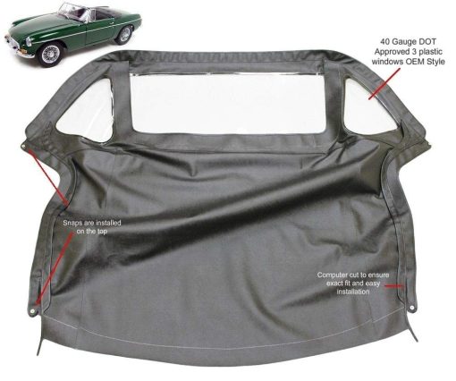 Toldo convertible AutoBerry MGB con cremallera 3 ventanas de plastico 1971-1980 Vinilo negro aplastado - Imagen 2
