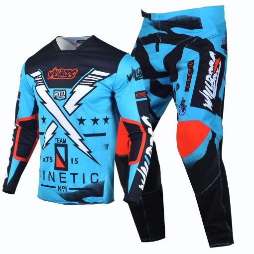 Conjunto de Jersey y Pantalones de Motocross Willbros para Offroad Dirt Bike Riding MX Gear Racewear Azul (Jersey XXL Pantalones 38)