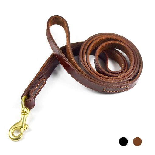 Correa de Cuero para Perros PESHOUCO, Cuero Genuino con 2 Asas Resistente y Duradero para Caminar y Entrenar Mascotas Grandes Medianas Pequenas 72x0.8 pulgadas (Marron)