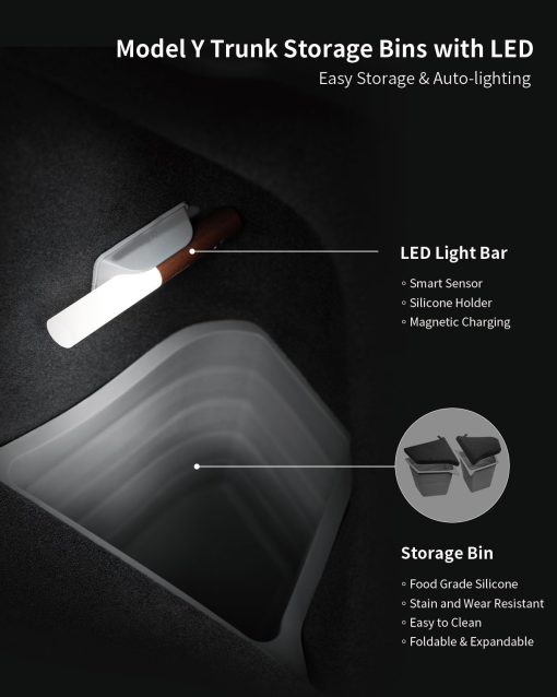 Juego de contenedores de almacenamiento para maletero para 5 asientos- Modelo completo de compartimento de maletero de alfombra para Model Y que incluye barra de luz LED y soporte para barra de luz LED - Imagen 3
