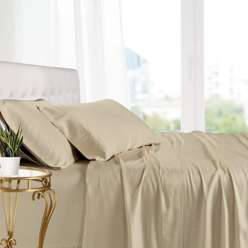 Juego de Sabanas de Bambu 100% Natural Viscosa, Sabanas Suaves y Frescas, Sabanas Transpirables de Hotel con Fundas de Almohada, Juego de 4 Piezas - Bolsillo Profundo de 15 Pulgadas - Tamano Queen - Beige