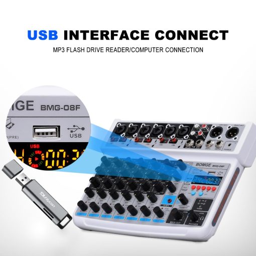 Mezclador de audio de 8 canales BOMGE Line Mixer DC 5V con reproductor MP3, Bluetooth, U disk 48V, 24 efectos DSP, grabacion USB Ideal para pequenos clubs o bares, grabacion de estudio (8 canales - BLANCO) - Imagen 2