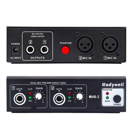 Rodyweil Preamp de Microfono Booster de Microfono 4 Entradas Max 65db DI Box con Phantom Power de 48V para Microfono Dinamico y de Condensador