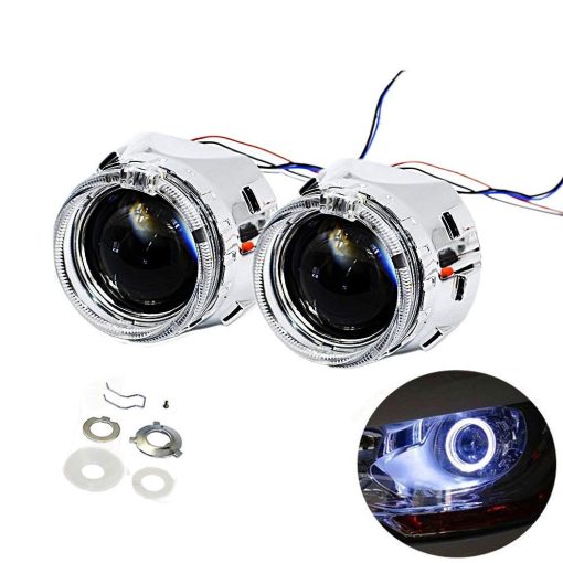 YUFANYA 2.5 Pulgadas H1 8.1 Ver Bixenon Proyector de Lente con Funcion de Luces Altas/Bajas, Decoracion de Ojos de angel Blancos, Funcion de Luces Diurnas, Mascara Cromada, Compatible con Coche Motocicleta H1 H4 H7 Retrofit
