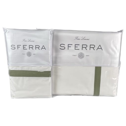 Juego de Sabanas Sferra Estate Collection - 100% Algodon de 200 Hilos de Percale de Fibra Larga con Detalles de Sabana Saten - Ropa de Cama Refrescante, Suave y Transpirable, Juego de 4 Piezas para Cama Queen, Blanco/Verde Sauce