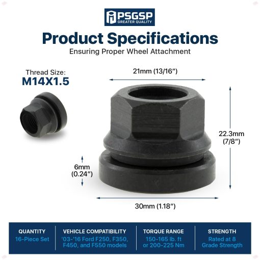 PSGSP Tuercas de rueda negras M14x1.5 16uds para Ford F250 F350 F450 F550 2003-2016, F53 2003-2019, Estilo OEM de dos piezas con cara plana con reborde para ruedas OEM de fabrica, Compatible con 2C2Z1012AA - Imagen 5