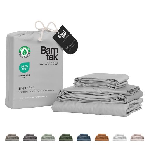 Juego de Sabanas Queen Size Bamtek 100% Viscosa de Bambu, Juego de Sabanas Queen Size Super Suaves, 4 Piezas de Sabanas Refrescantes para los Que Duermen Calientes, Sabanas de Cama de Cultivo Organico, Juego de Sabanas Grises Queen Size - Niebla Gris (60x80x18 pulgadas)