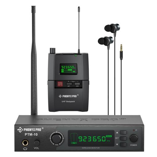 Sistema de Monitor Inalambrico Estereo Phenyx Pro UHF, Wireless IEM, Frecuencia Seleccionable de Banda 900MHz, Montable en Rack, Operacion de 160 pies, Adecuado para Escenario, Estudio, Exposicion, Conferencia, Discurso (PTM-10)