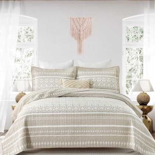 Colcha Queen Size Qiqiong, 100% Algodon Juego de Ropa de Cama Bohemia Colcha Reversible Acolchada Queen Size Beige Blanco Rayado Conjunto de Edredon Ligero Cubrecama para Todas las Estaciones 3 Piezas