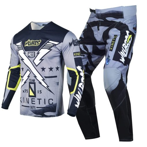 Conjunto de Jersey y Pantalones de Motocross Willbros para Adultos Traje de Moto MX Equipado para Fuera de la Carretera en Negro y Gris (Jersey S Pantalones 30)