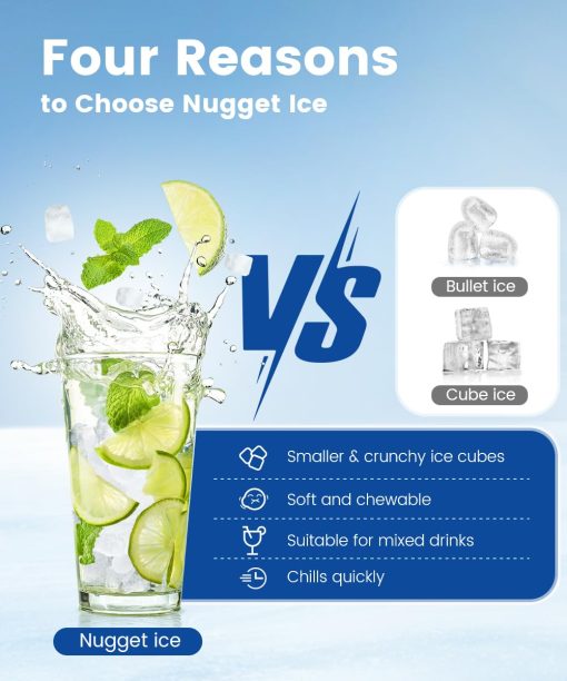 Maquina de Hielo COWSAR Nugget, Hielo Masticable, Hace Hielo Rapido 34 Libras/Dia, Auto-Limpieza, Maquina Portatil de Acero Inoxidable para Cocina, Oficina, Fiesta - Imagen 3