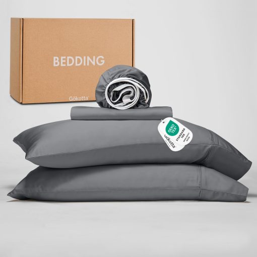 Juego de Sabanas Divididas Tamano Split King GOKOTTA, 5 Piezas, 100% Rayon Derivado de Bambu, Ideal para Personas que Duermen Calientes - Sabanas Suaves y Transpirables, Sabana Ajustable de 16" con Correas Elasticas en las Esquinas, Gris Oscuro