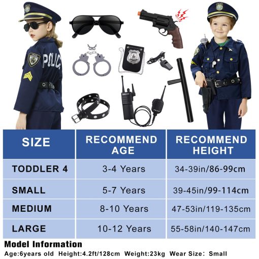 Disfraz de oficial de policia para ninos y ninas Golray - 12 piezas Disfraz de uniforme de policia para ninos con accesorios de juguetes de policia, disfraz de policia para ninas y ninos de 3 a 12 anos para Halloween - Imagen 6
