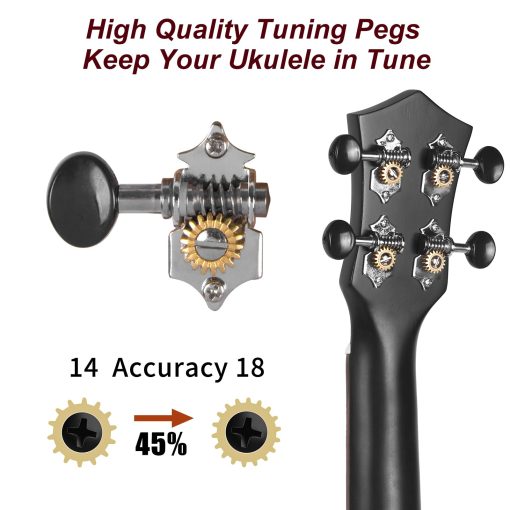 Ukulele Silencioso, Lotkey 26 Pulgadas Cuerpo de Okume Electrico Ukulele para Practica o Presentaciones con Salida de AMP Cuerdas de Nylon Italiano con Afinador Correa y Accesorios Completos (Negro) - Imagen 4
