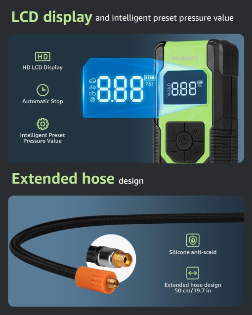 Inflador de neumaticos Geschwind - Compresor de aire portatil, 150 PSI, Bomba de aire electrica para neumaticos de coche inalambrica, 4 veces mas rapido con manometro digital para coche, motocicleta, bicicleta, balon - Imagen 5