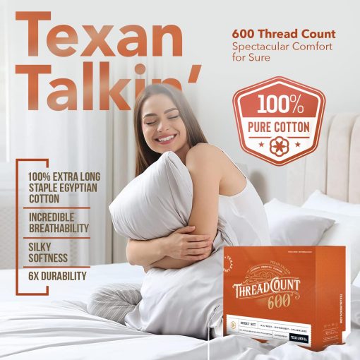 Juego de sabanas 100% algodon egipcio TEXAS LINEN CO., 600 hilos, tamano Queen, suaves, frescas, saten de alto hilado, lujo de 16 pulgadas de bolsillo profundo - Beige - Imagen 2