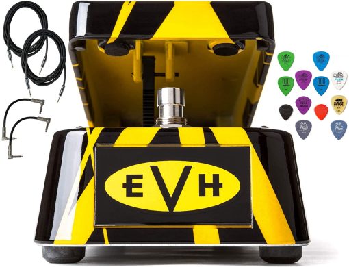 Pedal Wah Signature Dunlop EVH95 con Bundle de 2 Cables de Instrumento, 2 Cables de Conexion y Paquete de Puas Dunlop, Amarillo,Azul, EVH95-2x2