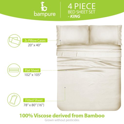 Juego de sabanas King de la serie de lujo BAMPURE - Juego de sabanas King de 100% viscosa derivada de bambu - Sabanas de bambu super suaves para el tamano de cama King - Hasta 16'' de bolsillo profundo (Marfil) - Imagen 4