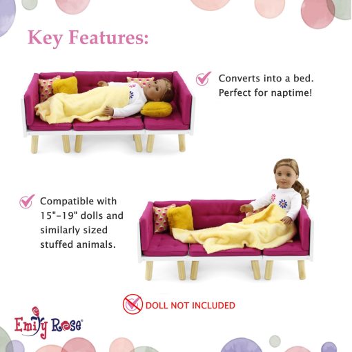 Emily Rose Nuevo Sofa Cama Seccional/Sala de Estar de Madera Rosa de 18" para Munecas con Unidad de Entretenimiento con TV, Chimenea Falsa, Bins de Almacenamiento y Revistas | Set de Muebles para Munecas de 14"-19" - Imagen 6