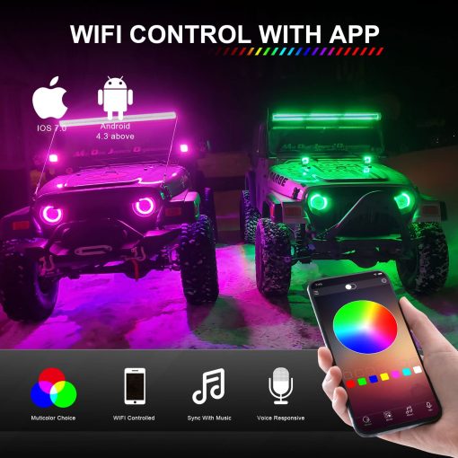 Barra de Luz LED Curva RGBW Lpteso 50 pulgadas 288W Flood Spot Combo Beam 2PCS 4 pulgadas 18W Flood RGB LED Pods con 16 colores solidos y Halo RGB que cambia en el Rocker Switch Wiring - Imagen 6