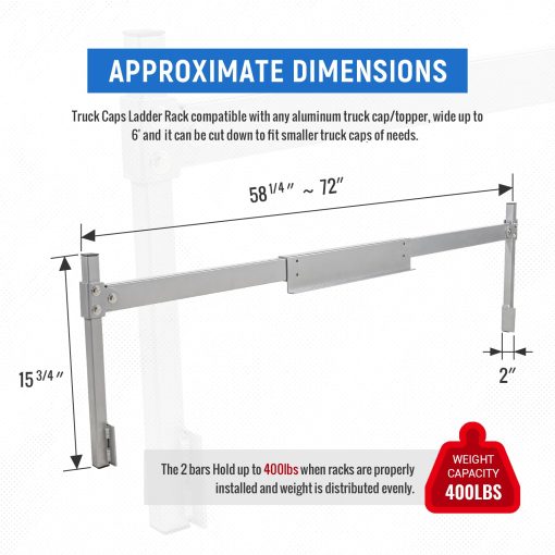 AA-Racks Model AX-TCR Universal Aluminum Extendable Truck Caps Ladder Rack Compatible with Any Truck Cap/Topper Fit for 6' Wide Trailers, Vans, Trucks Load Capacity 400lb - Imagen 2