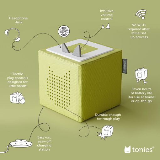 Set de inicio del reproductor de audio Toniebox con National Geographic Astronauta, Dinosaurio, Ballena, Pinguino y Cachorro de Juego - Escucha, Aprende y Juega con una Pequena Caja Abrazable - Verde - Imagen 3