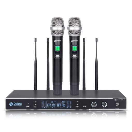 Sistema de Microfonos Inalambricos Profesionales Debra Audio Modelo TD-220 con Verdadera Diversidad UHF de 2 Canales y 2 Microfonos Inalambricos de Mano (TD-220)