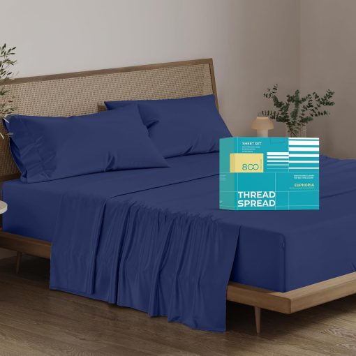 Juego de sabanas de algodon egipcio 100% tamano Queen - Sabanas de lujo de 800 hilos, 4 piezas para cama Queen, bolsillo profundo de 16", suaves juegos de ropa de cama de saten, azul marino