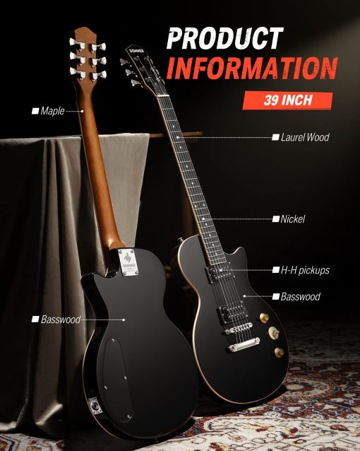 Guitarra Electrica Donner LP Cuerpo Solido, Tamano Completo 39 Pulgadas Kit de Guitarra Electrica para Principiantes Negro con Bolsa, Cable, Correa, DLP-124B - Imagen 4