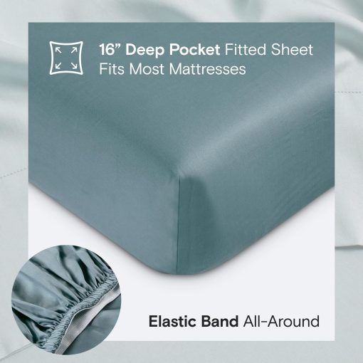 Juego de sabanas SIJO AiryWeight Tencel, 100% Lyocell derivado del eucalipto, ultra suave, Ganador de las Mejores Sabanas Refrigerantes de 2022 por Architectural Digest - 4 piezas - 2 fundas de almohada 1 ajustable 1 superior (Azul Verde, Rey Cal.) - Imagen 4