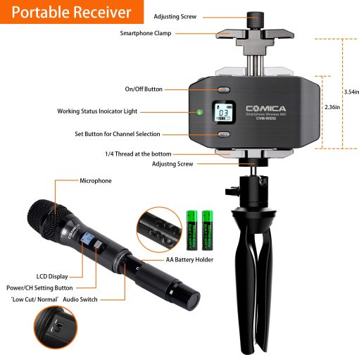 Sistema de Microfono Inalambrico Comica CVM-WS50(H), 6 Canales Microfono de Entrevista de Mano con Empunadura de Combinacion Flexible para Smartphone, Camara, Perfecto para YouTube, Entrevista, Videoconferencia, Podcast - Imagen 6