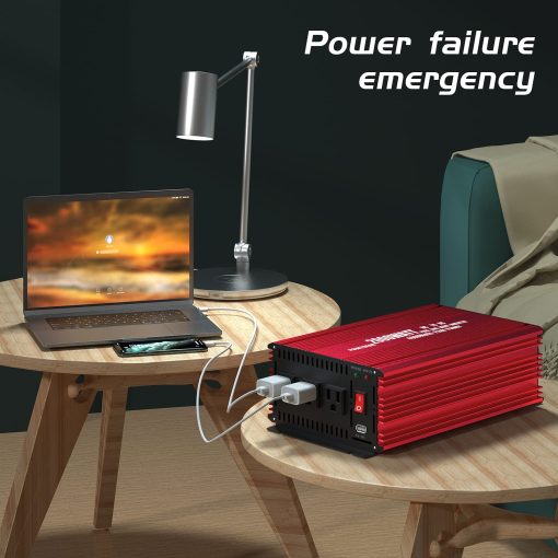 POWTDEAR Power Inverter 2000 Watt, Convertidor de Energia 2000W DC 12V a 110V AC Inversor de Coche con Puertos USB de 2.4A y 3 Tomas de Corriente Alterna Rojo - Imagen 6