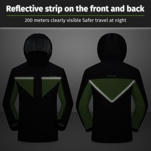Conjunto de lluvia para motocicleta iCreek para hombres y mujeres impermeable anti-tormenta chamarra de alta visibilidad para ciclismo, golf, pesca, negro con verde, S - Imagen 3