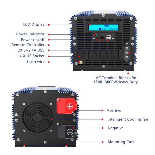 Inversor de corriente de onda sinusoidal pura de 3000 vatios 3000w 12V DC a 110V 120V AC ETL enumerado UL 458 con control remoto y LCD 4 salidas de CA Doble puerto USB 2.4A y 1 Bloque de terminal de CA por VOLTWORKS - Imagen 3